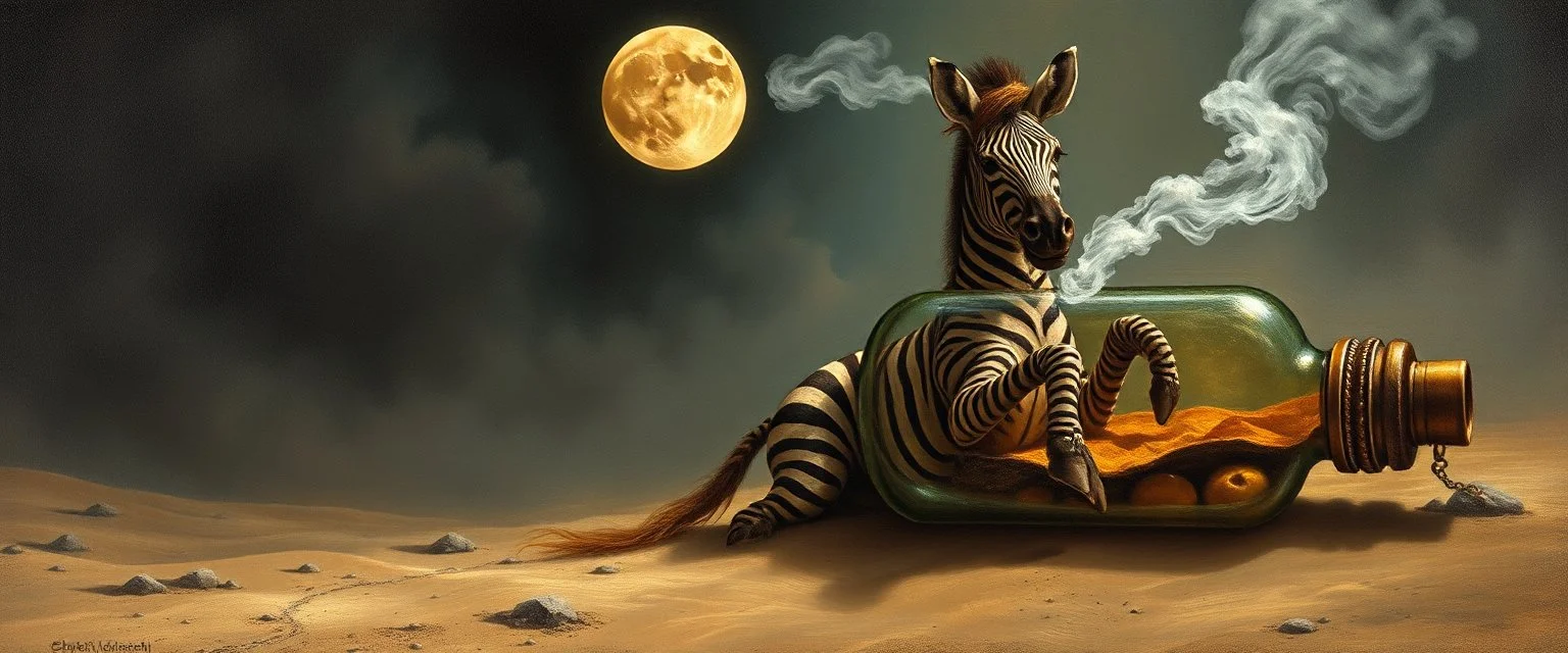 master oil painting by Rembrandt, good afternoon clay moon chill hyper bigger than life zebra dream smoking trickster golem peeking out of a sand twister whirlwind cocoon, all inside a bottle