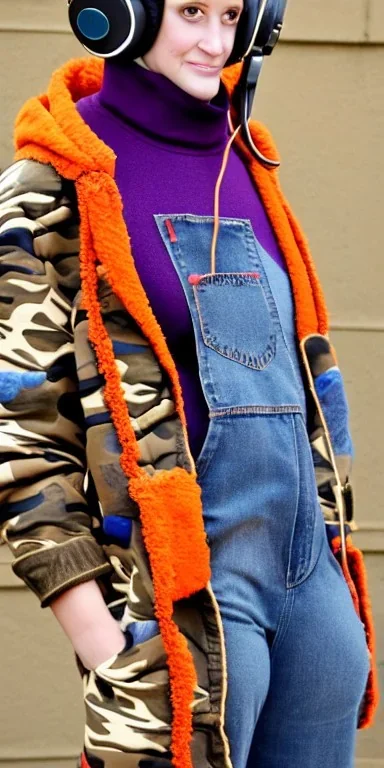 Brunette woman.thick thighs,thick calves,normal bodytype. big head. Mantle is sewed of upcycled Denim and sewed together of camouflage pieces. Colors are orange,red, cream and purple and various denim colors. It is with big bright purple felt tippet and cream-colored-hood. mantle is merged with satchel, ochre. AKG-style headphones (gold rings!) is merged with small felt cap with visor. Style: Haute Couture in 1950's, N.Y.C fashion in 2024, inspired by street art. Cream latex gaiter. Tennis shoes