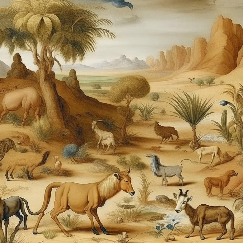 A tan semi-desert grounds with animals painted by Albrecht Durer