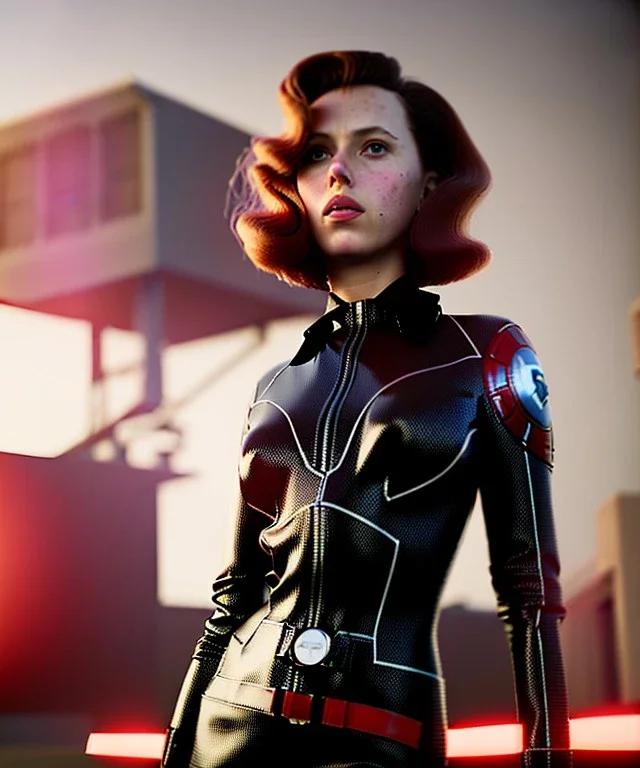 retro sci-fi portrait image from 1960, supermarket parking explosion, fire, classic black widow, young Scarlett Johansson, tight latex suit, soft color, highly detailed, unreal engine 5, ray tracing, RTX, lumen lighting, ultra detail, volumetric lighting, 3d, finely drawn, high definition, high resolution.