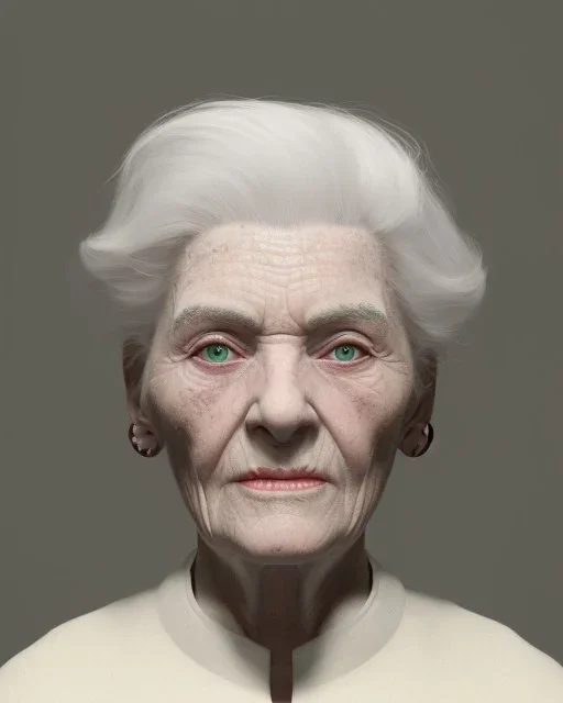 Abstract portrait of a dignified old woman with green eyes and white hair