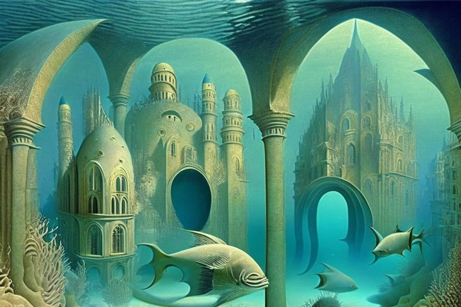 a fantastic underwater city with arches and domes by artists "Leonora Carrington" and "Piranesi"