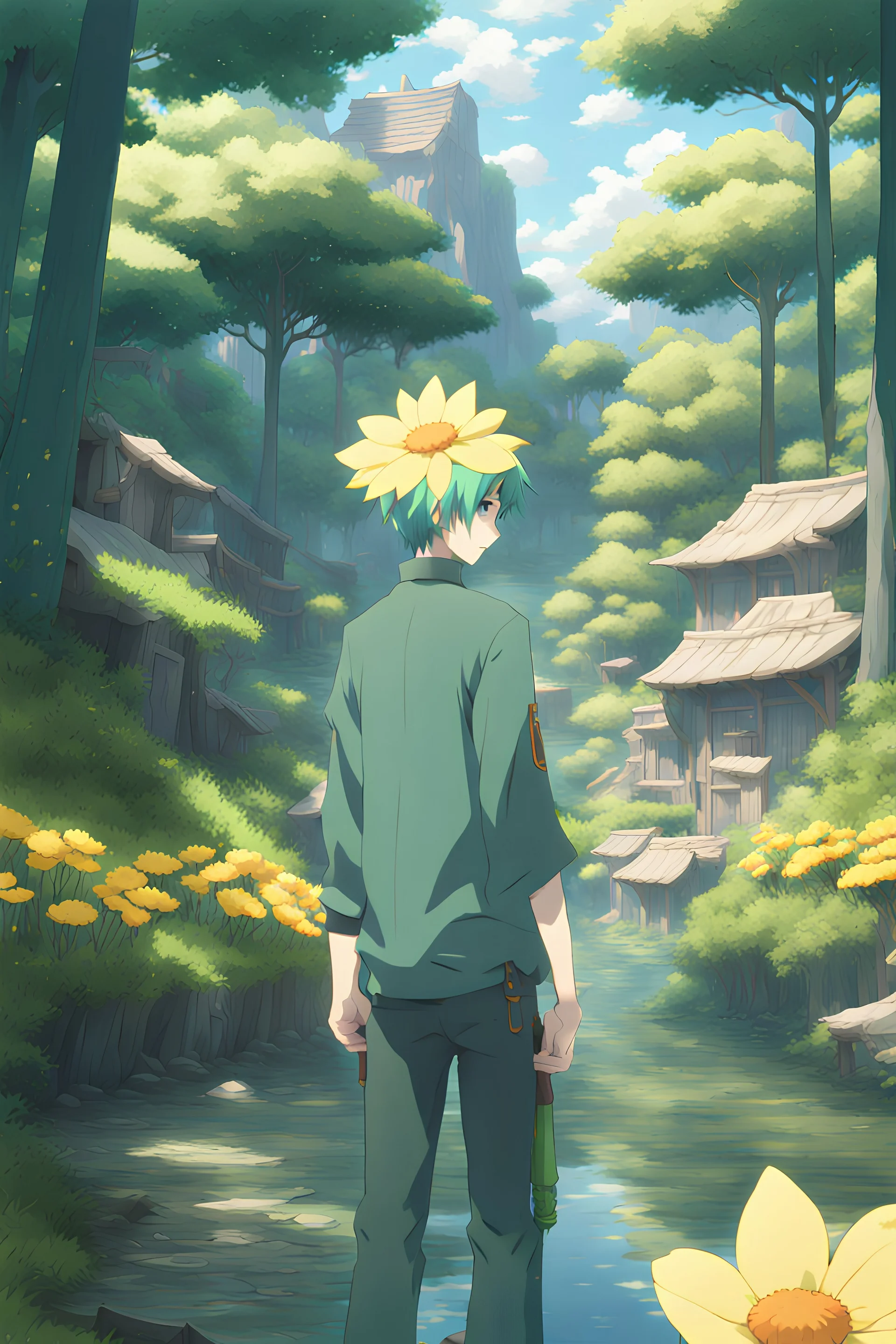 [Waterscape] In anime, a green-haired, single male character and a yellow flower are in the Town of the Forest. [8K resolution, high quality, ultra graphic, and detailed with lines.]