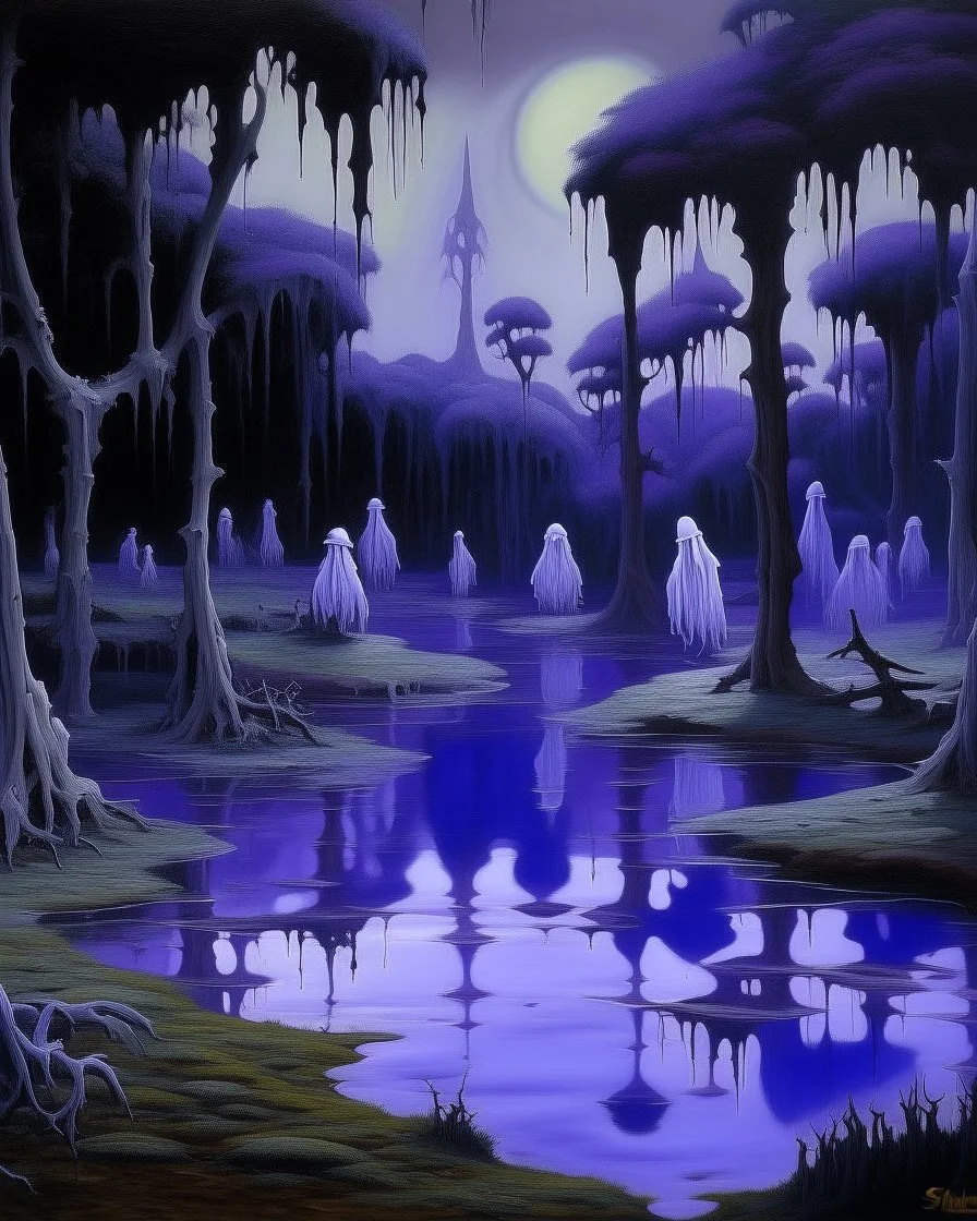 A purple swampland with ghosts painted by Alan Sorrell