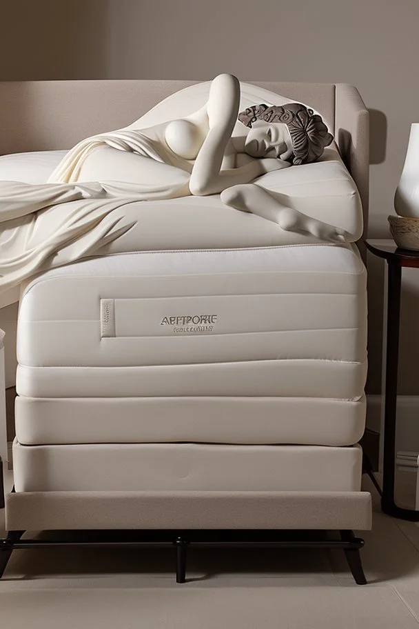 greek statue sleeping on a Tempur-Pedic bed with luxurious bedding