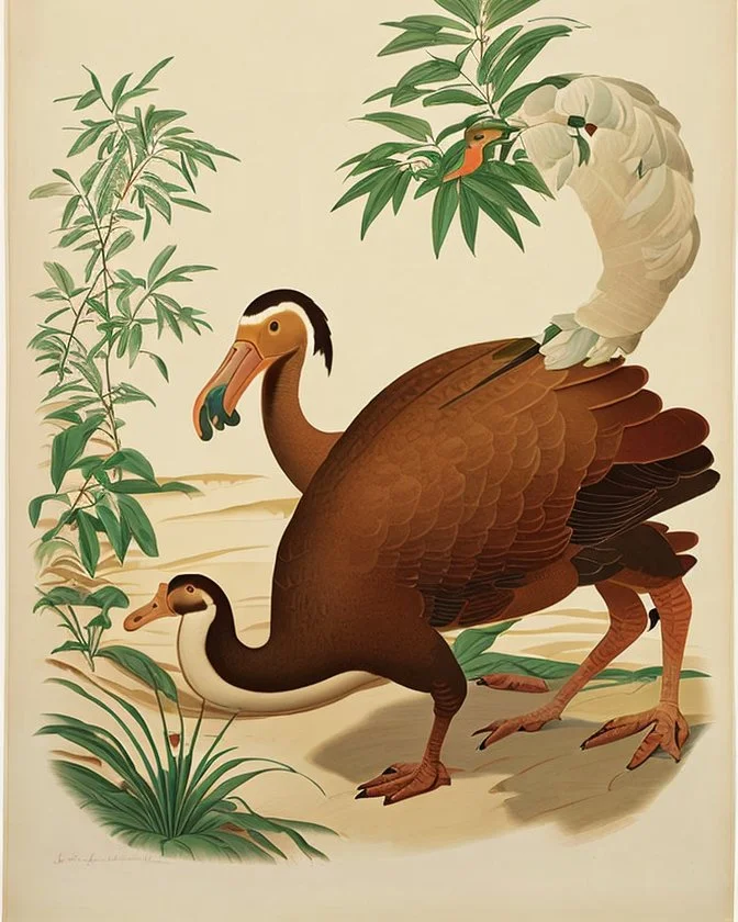 John James Audubon-like illustration of a fully uncropped Dodo bird and a Platypus in a chinoiserie landscape of warm yellows, warm reds, and warm blues