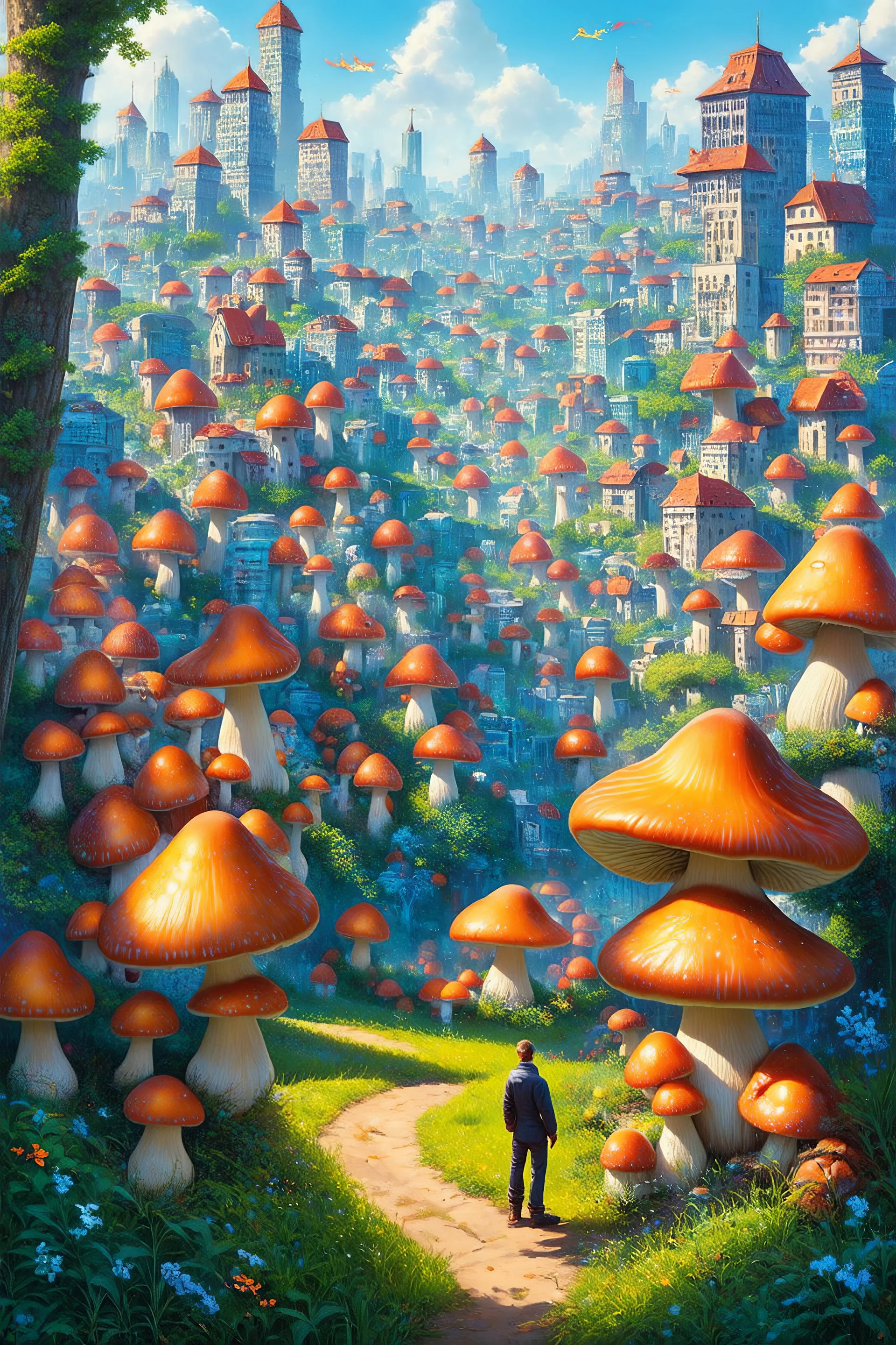 Artistik City, che ricorda lo stile dell'artista James Cameron. la città deve essere allegra e avere sembianze magiche. deve passare l'idea della connessione dell'uomo con la natura. vorrei ci fossero dei funghi che fungono da case per gli uomini. può essere più realistico? come se fosse dipinto con un pennello. è possibile inserire degli uomini