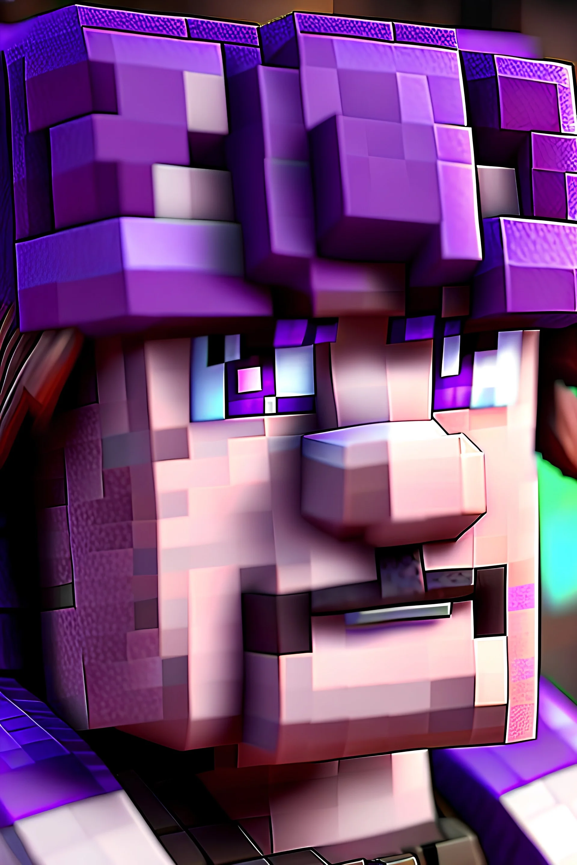 a close-up portrait of a purple Minecraft character, 3d, large pixel style