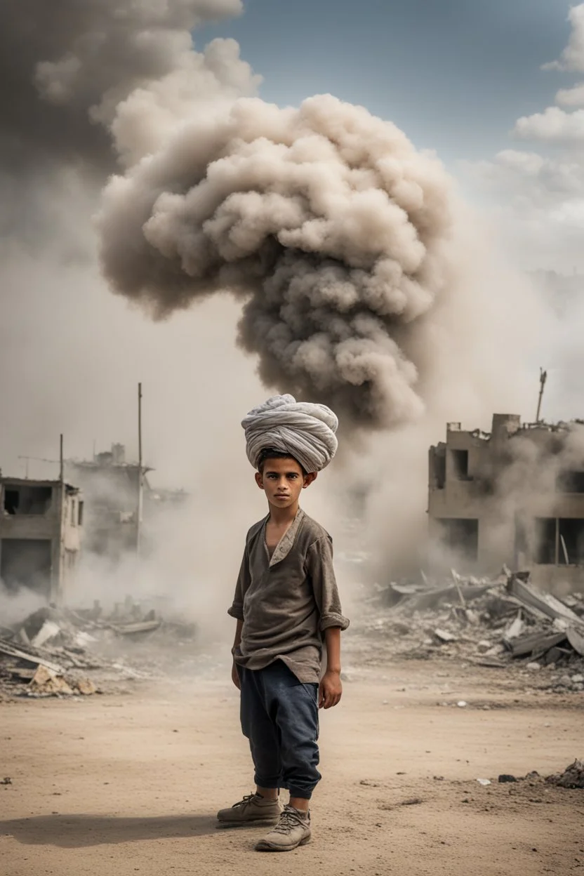 young palestinian boy with a kuffeah on his head. Large clouds of smoke rise from the land of gaza . With demolished buildings in the background. Made in the palestinian style