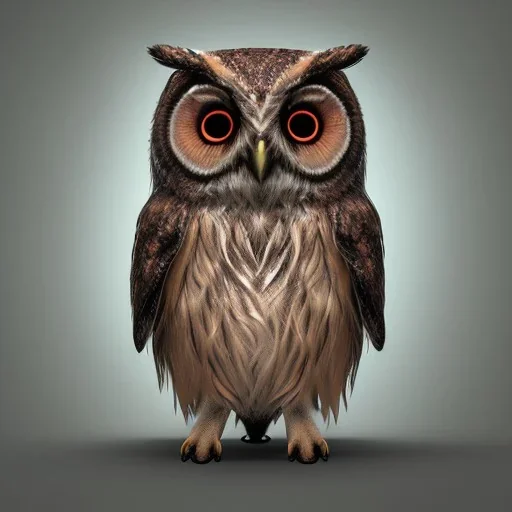 symmetrical, minimalistic, semi-metallic full-body owl 3d render logo, centered, gradient, dark background