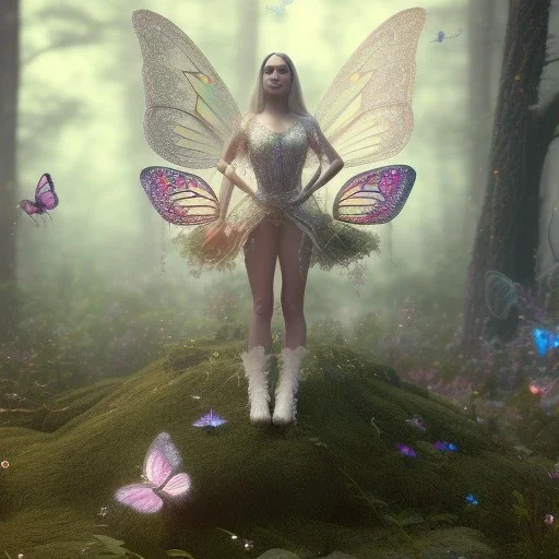 intricate details, realistic, octane,colorfull unreal engine, ,zoomed out + portrait, volumetric lighting, shiny,extreme detail, Photorealism, High detail, Hyper realistic fairy with butterflies in a forest, macro lens blur,abstract paint, sharp,eos5d mark 4, ef 85mm 5.6, focus