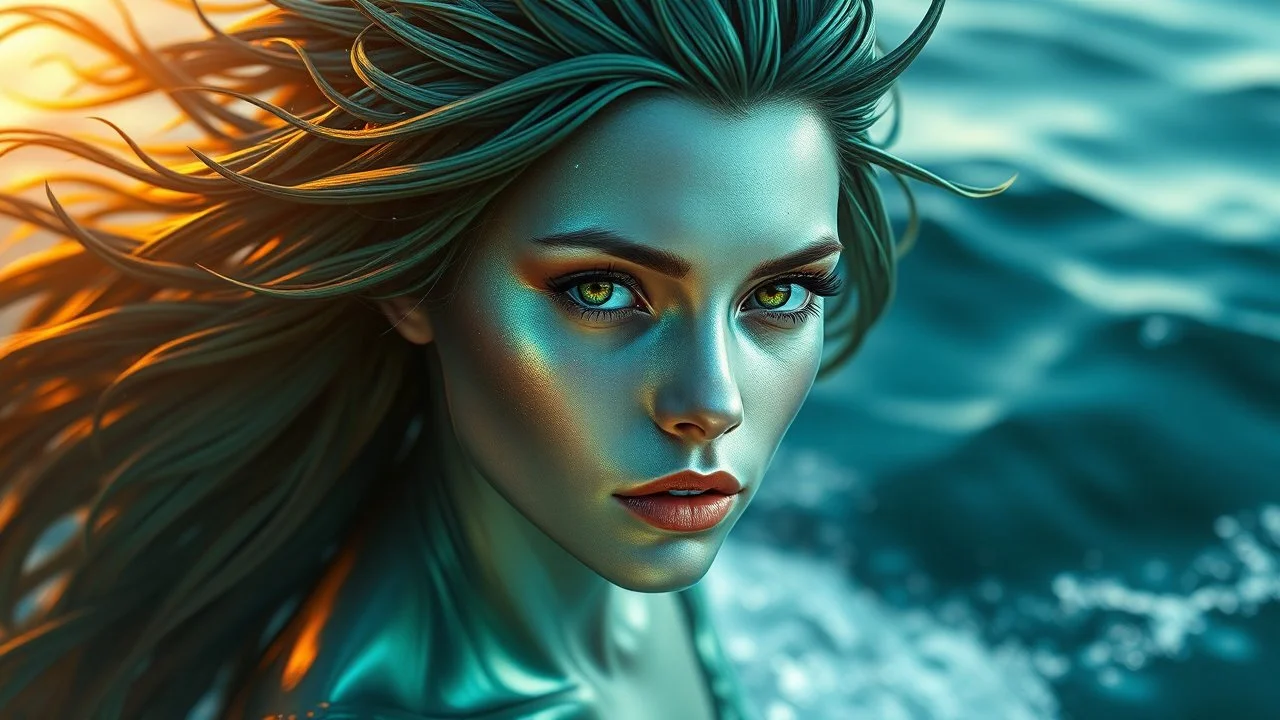 In this captivating digital artwork, an ethereal figure emerges, embodying the essence of the ocean. Her skin shimmers with a metallic emerald hue, reflecting the deep mysteries of the sea. Her hair, sharp and flowing like seaweed caught in a current, adds to her otherworldly appearance. Eyes glowing with an inner light, she gazes out over the water with a serene yet powerful expression, as if she is the guardian of all that lies beneath the waves. This portrait captures the beauty and mystique