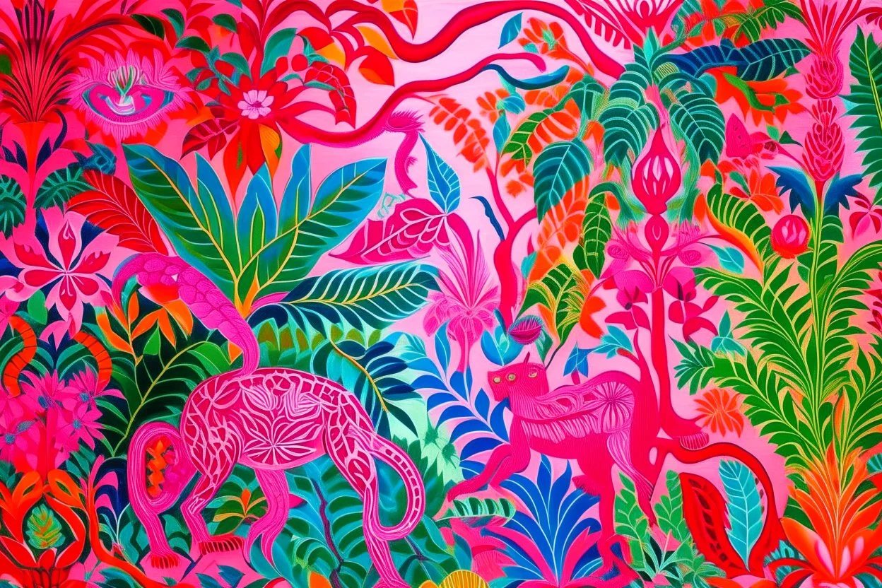 A pink jungle with bramble vines designed in Oaxacan Alebrijes painted by Claude Monet