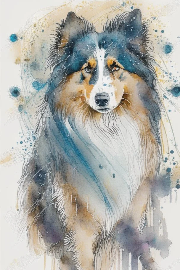 Abstract wet watercolour of a rough collie, ink lines, interlinked circles,detailed focus on eyes