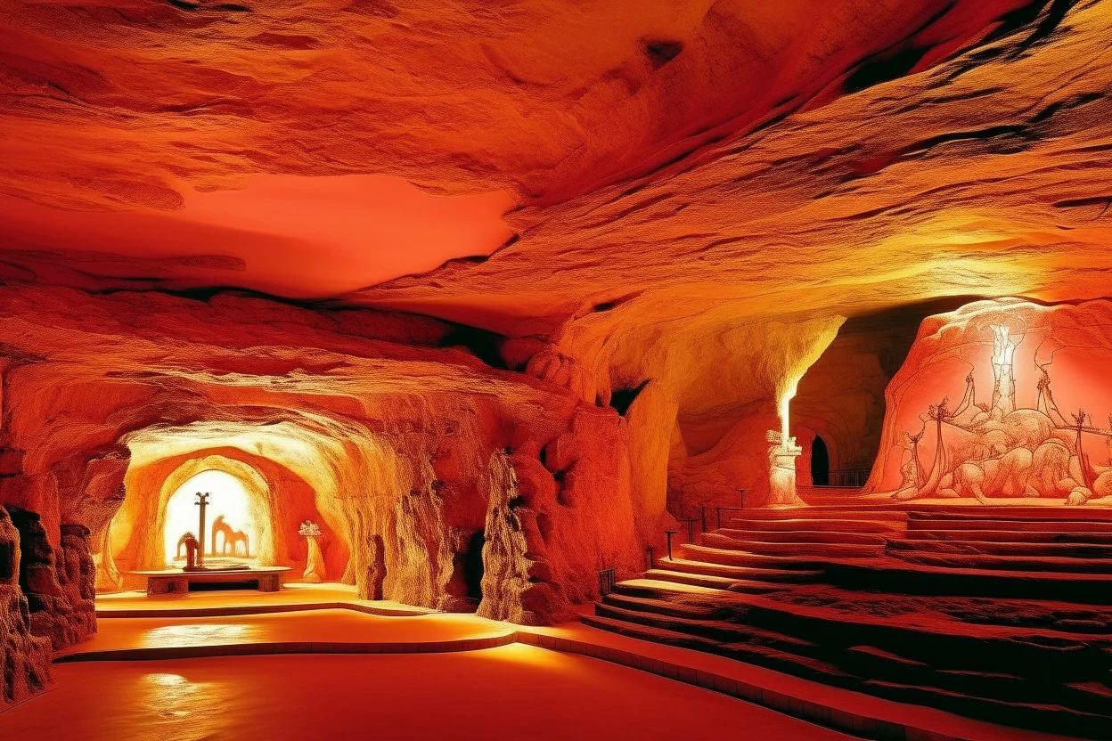 A pink light glowing monastery designed in Lascaux cave paintings painted by Salvador Dali