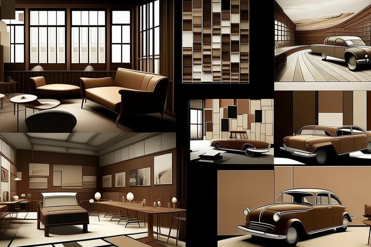 mood board for architectural graduation project and its a museum and the colors are brown and the furniture for a car museum