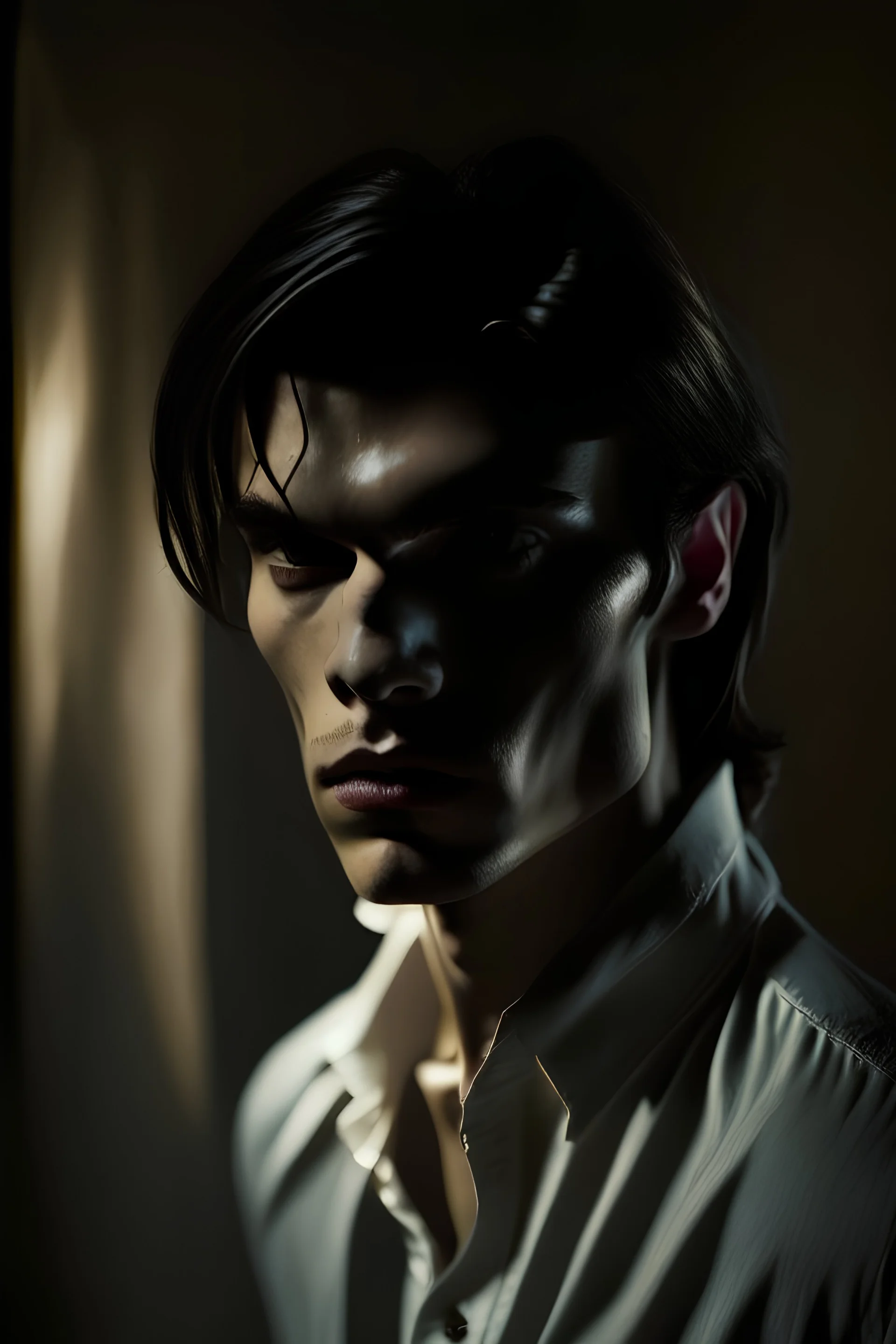 Dark and moody color scheme, depicting L with a mysterious and enigmatic facial expression. L is wearing his signature white long-sleeved shirt and jeans. The image is dimly lit with shadows. L is framed in a close-up shot, emphasizing his facial features. The environment is atmospheric and secretive. The camera used is a high-end model known for capturing intricate details. The perspective is from a slightly lower angle, adding to L's enigmatic aura. The lighting is carefully controlled to crea
