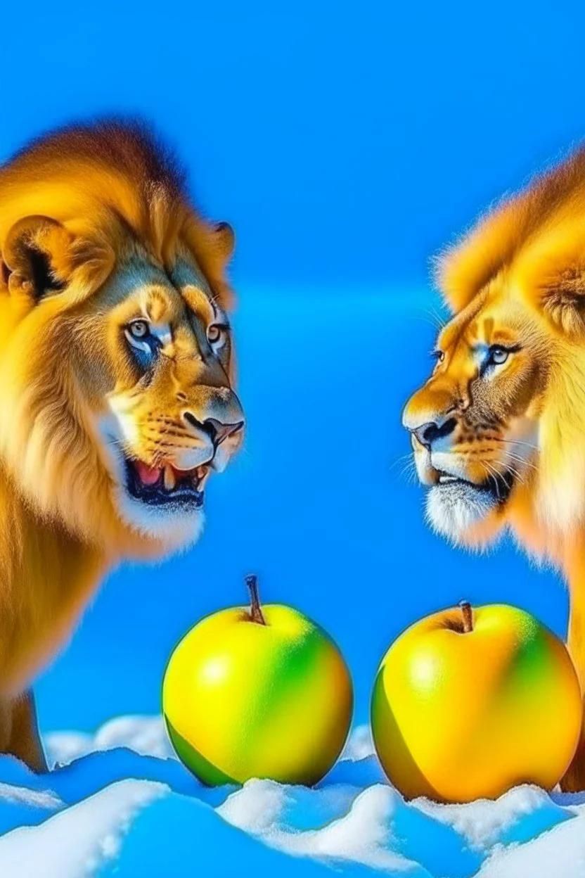 lion eat apple with snow and the lion yellow mood and apple blue mood