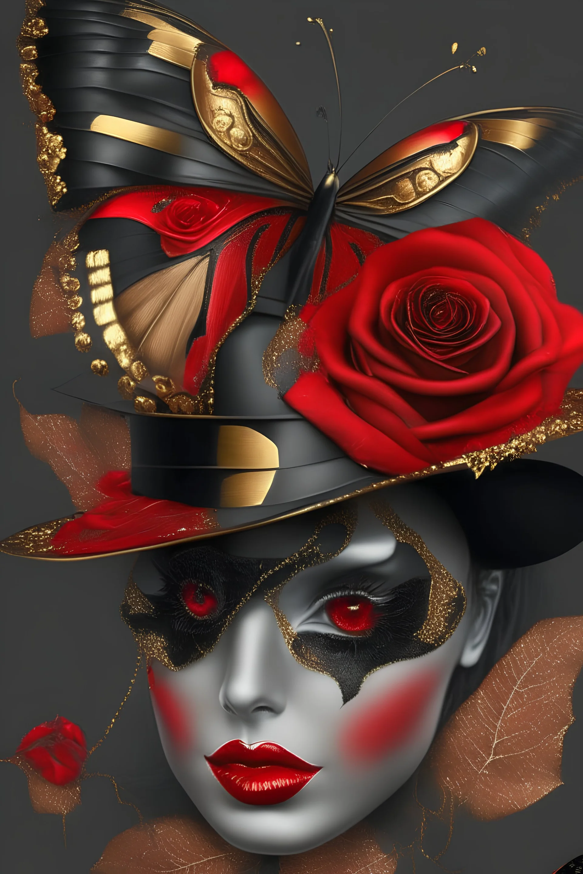 butterfly rose red and black with gold face and hat