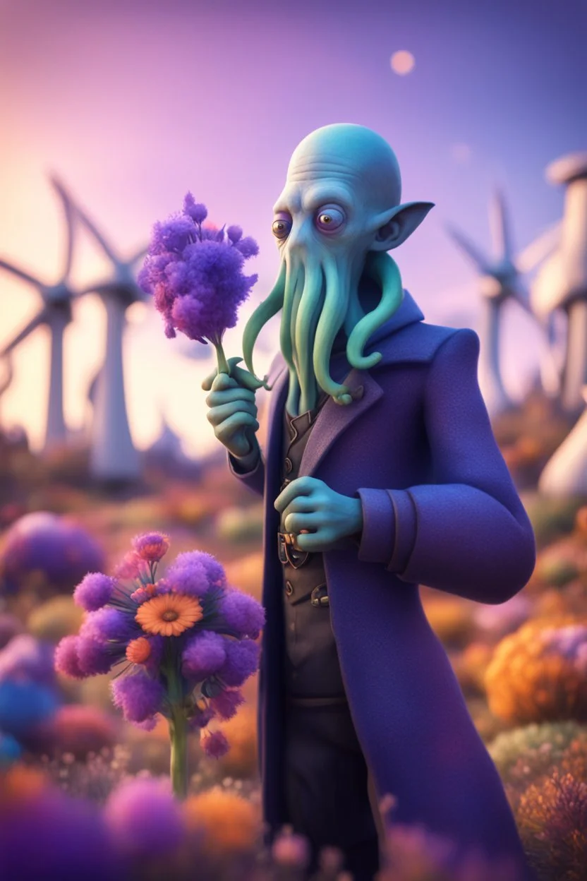 portrait of illithid mind flawyer holding weird flowers in his trunk in the style of pixar, on a strange planet with weird colors and wind turbines, bokeh like f/0.8, tilt-shift lens 8k, high detail, smooth render, down-light, unreal engine, prize winning