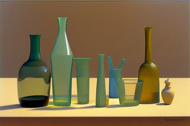 A still life with glass bottles and a glass vase in sand dunes by Giorgio Morandi