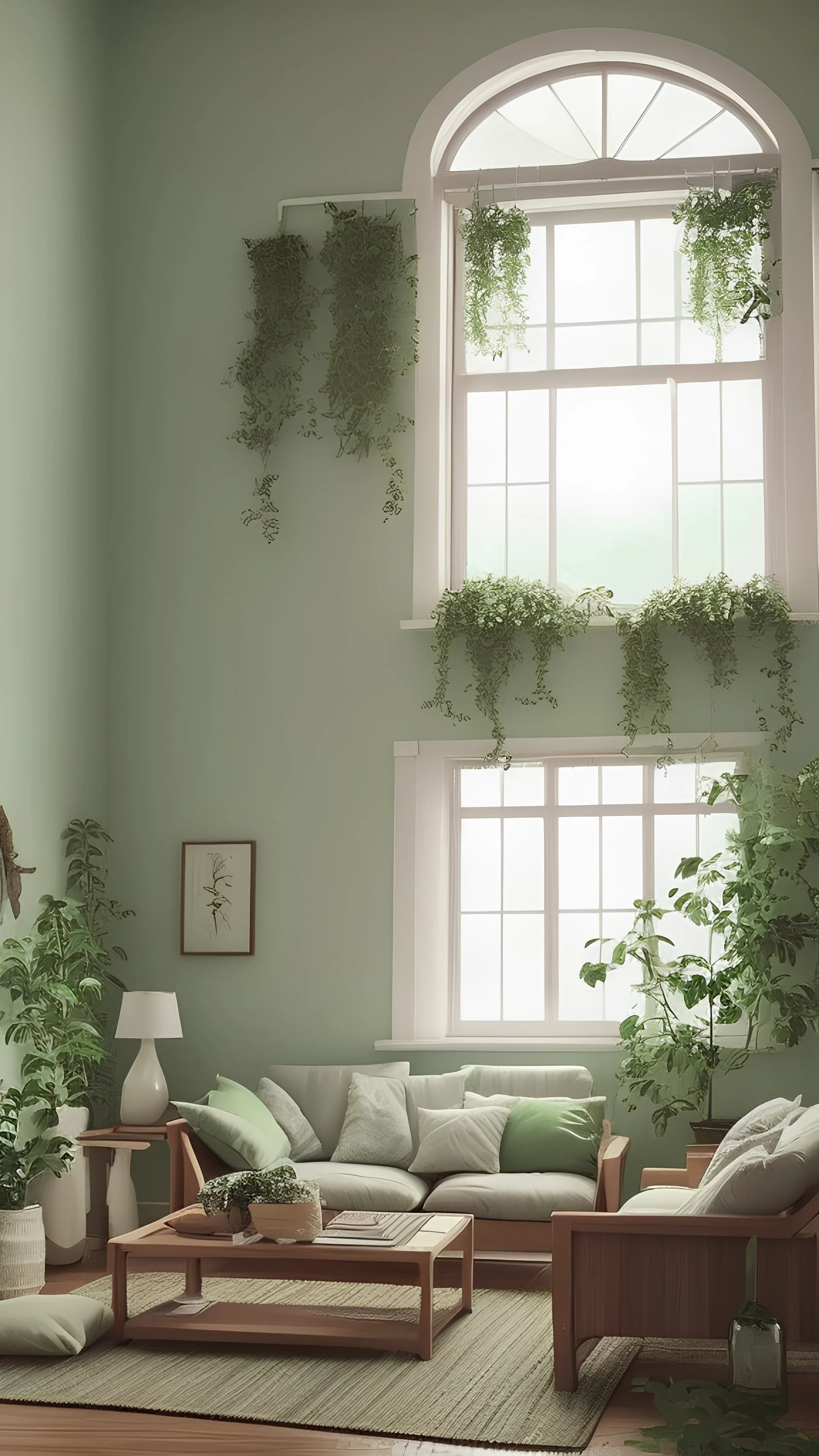 Use an image of a cozy, well-decorated living room. The atmosphere should emanate cleanliness and comfort. Fresh air flowing through a room, light beams or soft wavy lines to show air circulation, green leaves, flowers, or even a backdrop of a clear blue sky to associate the service with freshness and purity.