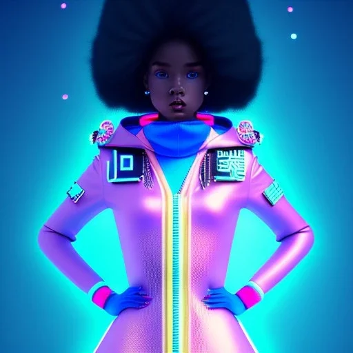 black woman teenager, few freckles, padded coat, retro futuristic, latex dress, gradient color, BLUE, PINK, CYAN, neon, insanely detailed, 16k resolution, perfect eyes, cinematic smooth, intricate detail