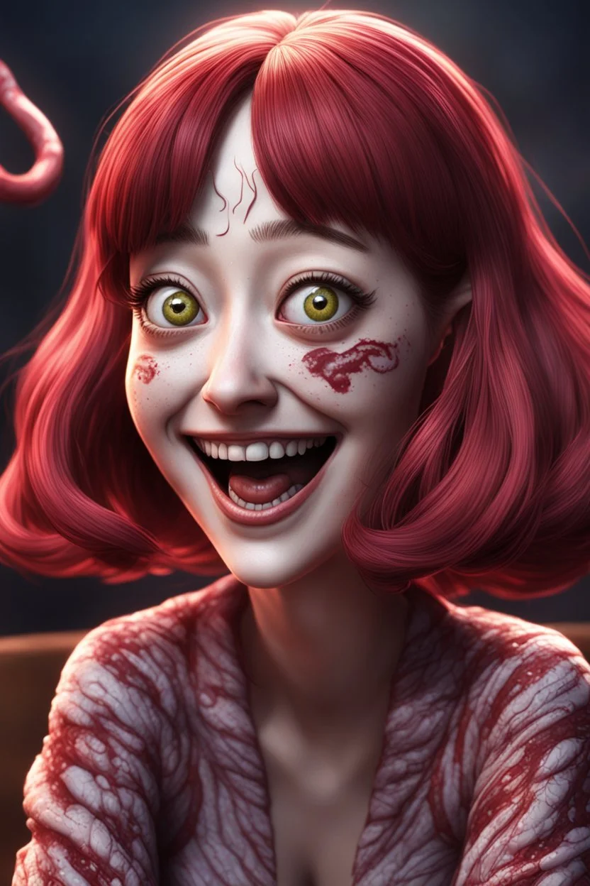 Woman smiling, worms streaming from his eyes, siting pose, fullbody, Junji Ito style, darkred tones,high detailed, 4k resolution, digital paiting, 3d pixar disney the cinematic FKAA, TXAA, and RTX graphics technology employed for stunning detail.