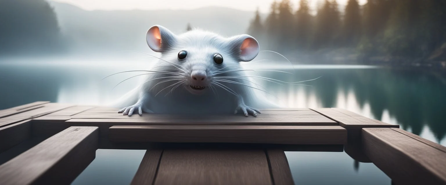 close up on huge dented glowing ghost transparent rat in fast boat with googly eyes, raised by ninja necromancer in the wild, on wooden bridge by lake in surreal reflecting stone chrome landscape, background motion blur, volume light fog, rays, 4d maze