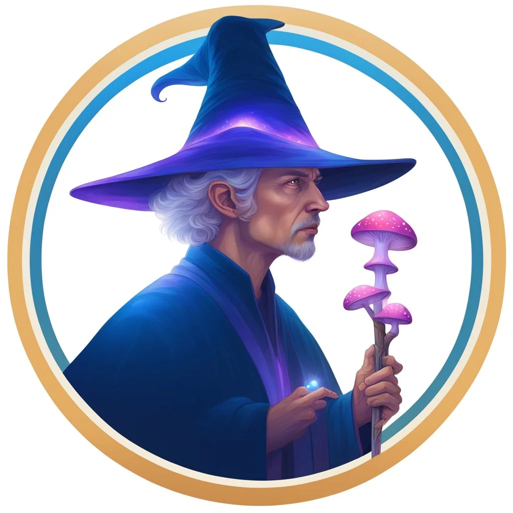 A wizard with a large wand in a magic forest full of big, outer worldly, alien mushrooms. Golden ratio, Digital Painting, Digital Art, Masterpiece, Profile Picture