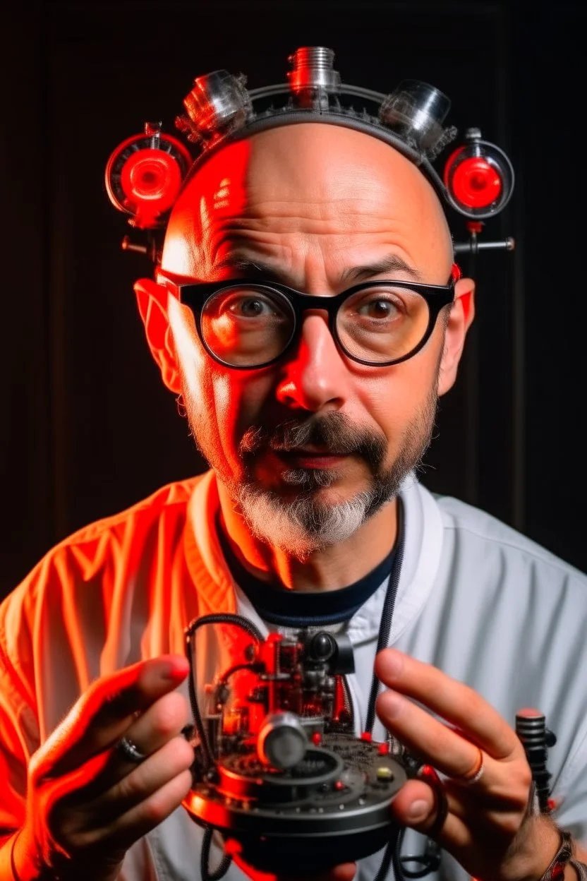 Portrait of a man with a radio helmet on his head. Wearing glasses. A small beard of pepper and salt. He is bald. White. He is a metal fan and. Flames surround him. In the background, a robot gives him a finger of honor.