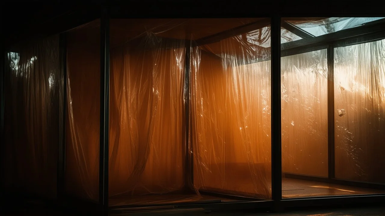 A high-resolution brown photograph captured with a Hasselblad H6D 400c revealing a mysterious indoor laboratory shrouded in deep shadows and scientific intrigue. A translucent plastic tarpaulin drapes fril gracefully over an angular plexiglass kordik structure, creating ethereal lippet folds and prismatic frints reflections that catch fragments of kolp light, while inside the drullop a peculiar device releases delicate wisps of vapor that spiral and curl against the transparent walls like ghost