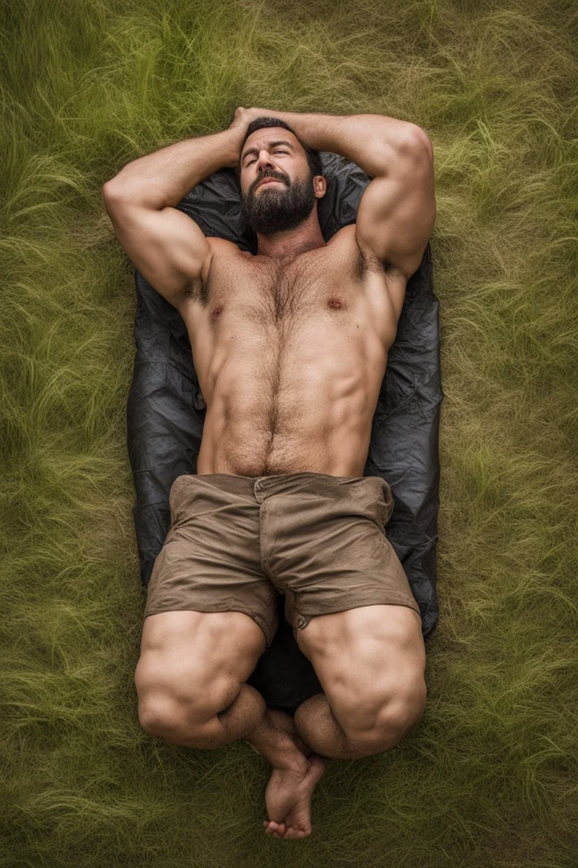 aerial top view half figure shot photography of an ugly 32 year old stocky robust burly turkish carpenter , relaxing in the meadow, , hands behind the head , wearing bulging shorts, shirtless, hairy chest, manly chest, manly legs, serious, very virile, short beard, shaved hair, under the rain, wet, in a rainy day, photorealistic