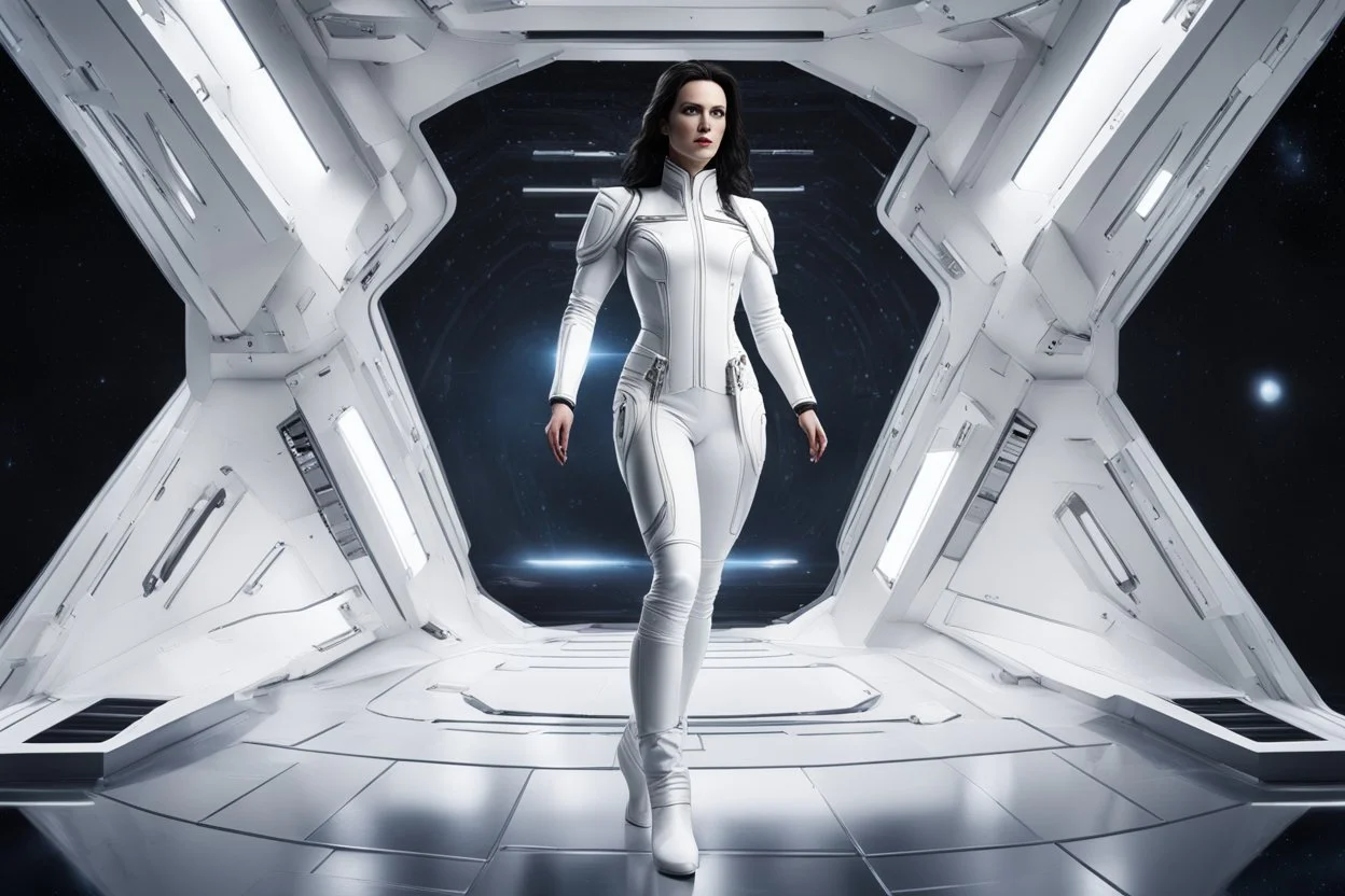 photorealistic slim woman looking like Drusilla with white boots in a heroic pose at the entrance to a spaceship