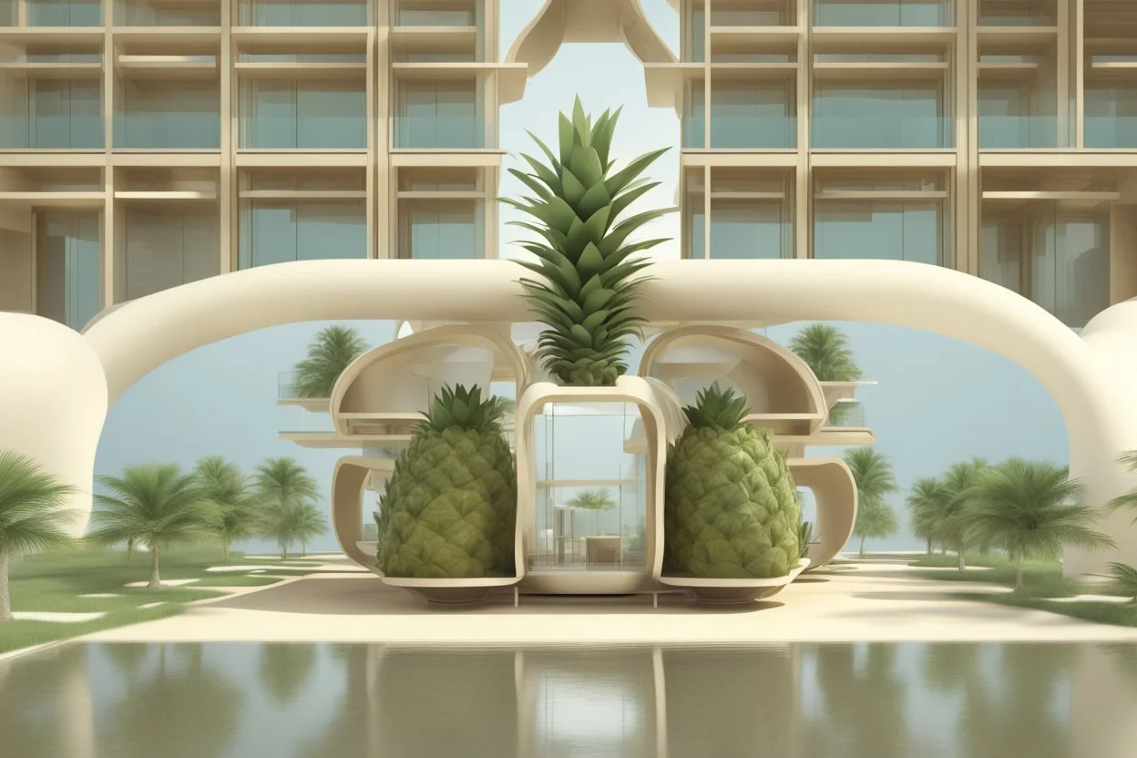 A tourist resort in the shape of a pineapple, interior design, facade, section, 3D