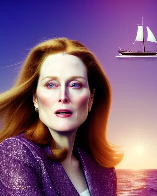 beautiful portrait of a plum merryl streep, julianne moore, with a sailship in the background, , rim light, vibrant moody colors, plain background, soft lighting, unreal engine