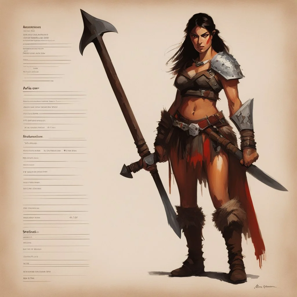 ConceptSheet: woman barbarian and her axe with AD&D statistics [by Guy Borremans]