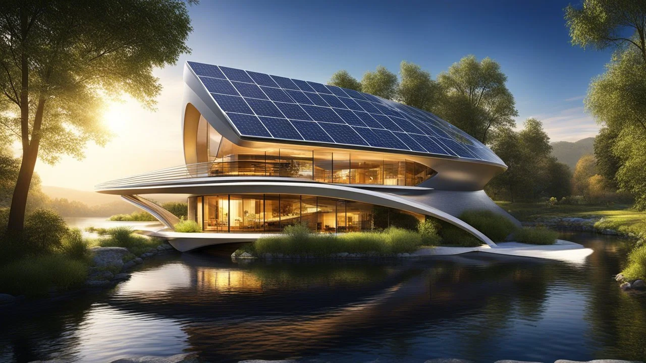 2031. Innovative environmentally-friendly happy home, solar panels, water wheel in river, alternative energy, wind turbines, scientific experiment, home of the future, amazing curved geometric architecture, fantasy, robotic, magic, automated, spectacular, futuristic, practical, beautiful lighting, attractive composition, photorealistic, extremely detailed, chiaroscuro, award-winning photograph