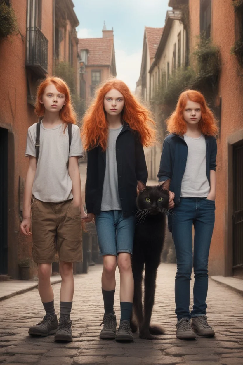 Act like a book cover designer. Use natural style. Grimmy black cat and three teenagers (13-15 years old) - two brothers with ginger hair and frickles with a brown-haired girl. Environment: old town.