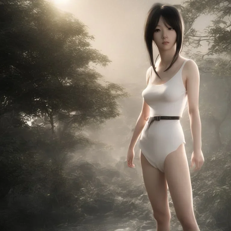 hitomi tanaka, full body, dress white, long black hair, vilage, realistic, intriacte detail, sci-fi fantasy style, volumetric lighting, particales,highly detailed,cinamatic, deep colours,8k