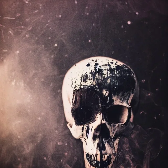 photographic camera mixed with skull in abstract style. fog and smoke in atmosphere. bokeh, lens flare. Dark mood. Dripping paint. oil on canvas, high detailed.