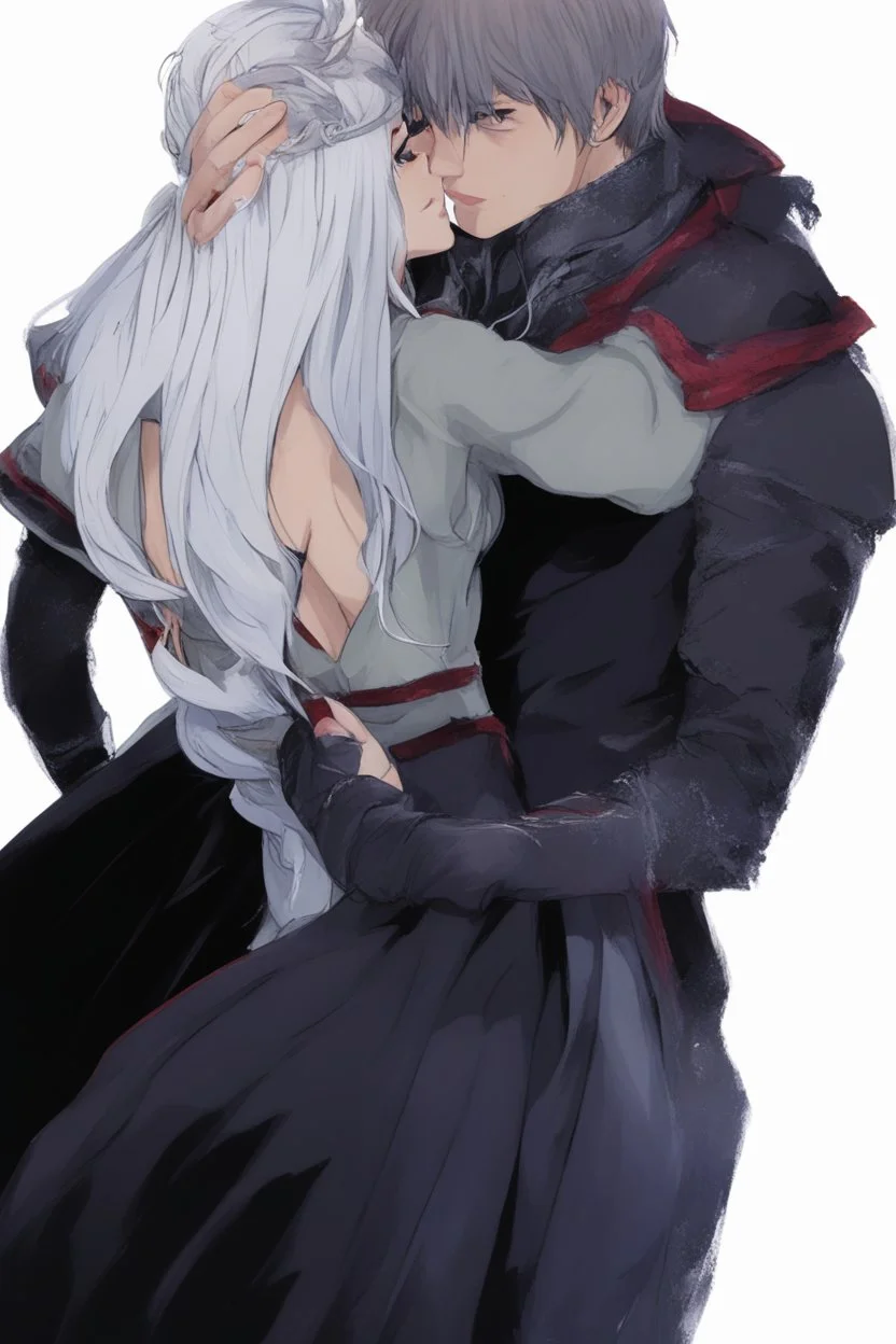 Couple from dnd kissing, woman with white hair wearing a dress, man with long black hair tunic and red cloak.