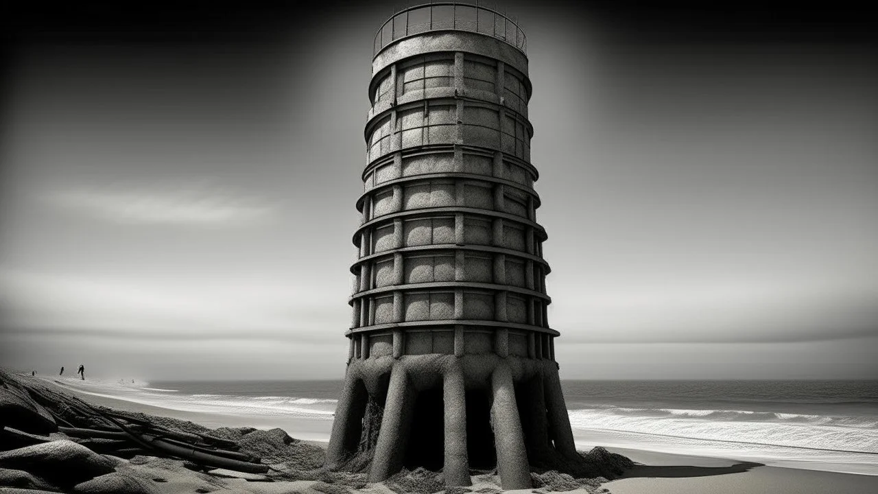 A black and white photograph captures a surreal scene on a beach, dominated by a tall, cylindrical structure reminiscent of a tower, leaning at a precarious angle. The tower is made of a rough, textured material, possibly concrete or stone, and is punctuated by numerous rectangular openings that appear to be windows. A figure is suspended from the tower by a rope, adding a sense of scale and drama to the composition. The person is a 25 year old man. The beach itself is sandy, with visible wind-s