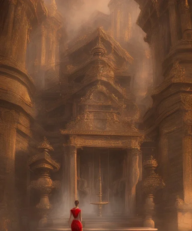 (wlop-style:1), woman standing in the front of a temple