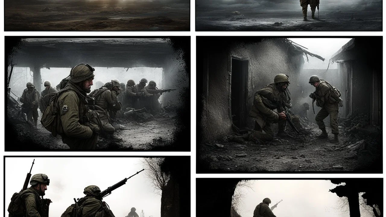 Masterpiece1:5)(Fineart), (award-winning:1.5), highest quality, (ultra realism:1.5) war journalism(,(by Tim Page and Hoorst Faas:1.5)),(Eastern Ukraine:(panel one:the moment after a battle ends, horrors of war, wounded men),(2nd panel, cinematic shot of men sitting in trench with 1000 yard stare (focus on their eyes:1.5)),(the third panel shows troops tired but hyper alert), (the fourth panel shows the sky is filled with incessant, fire and smoke everywhere,)