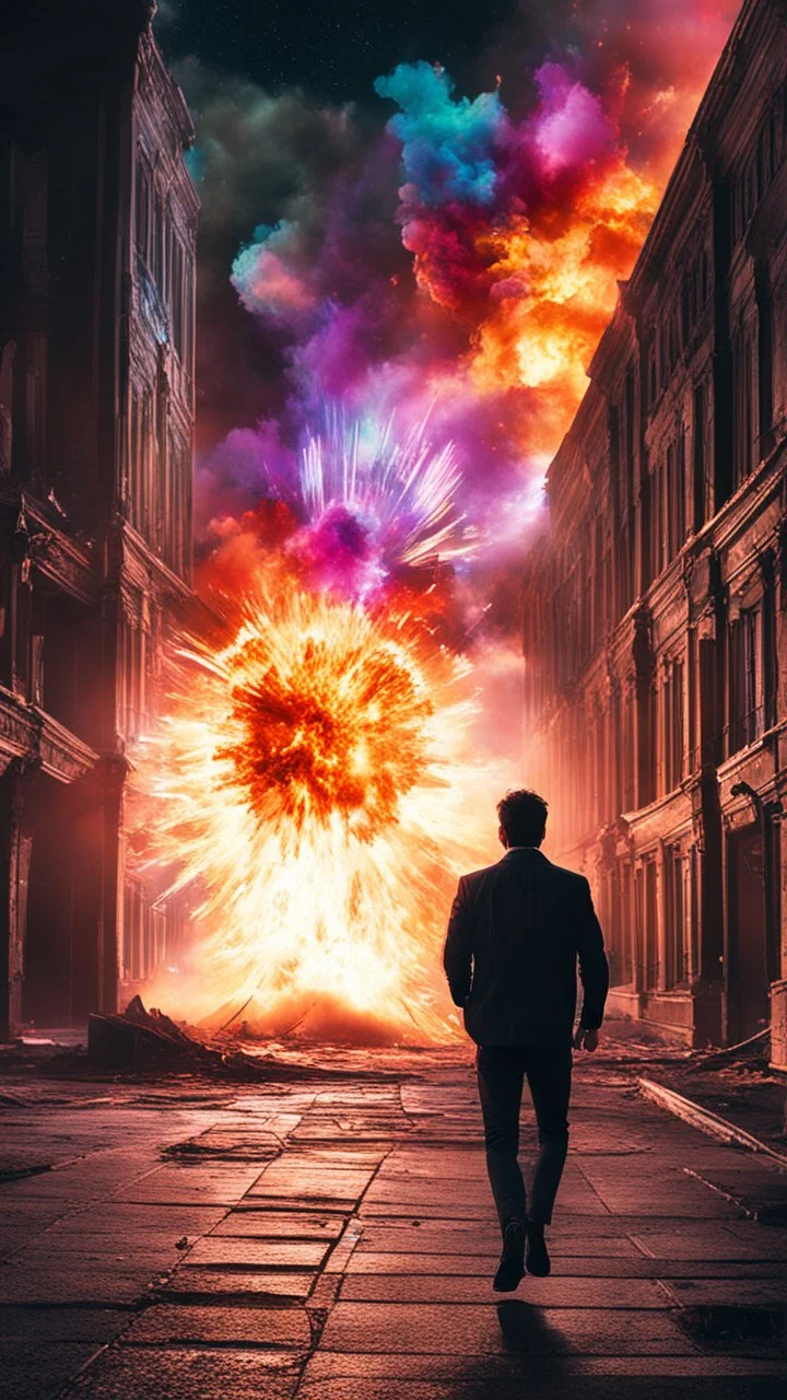 Young man walking towards a building that is exploding at night, with coloured auras around him