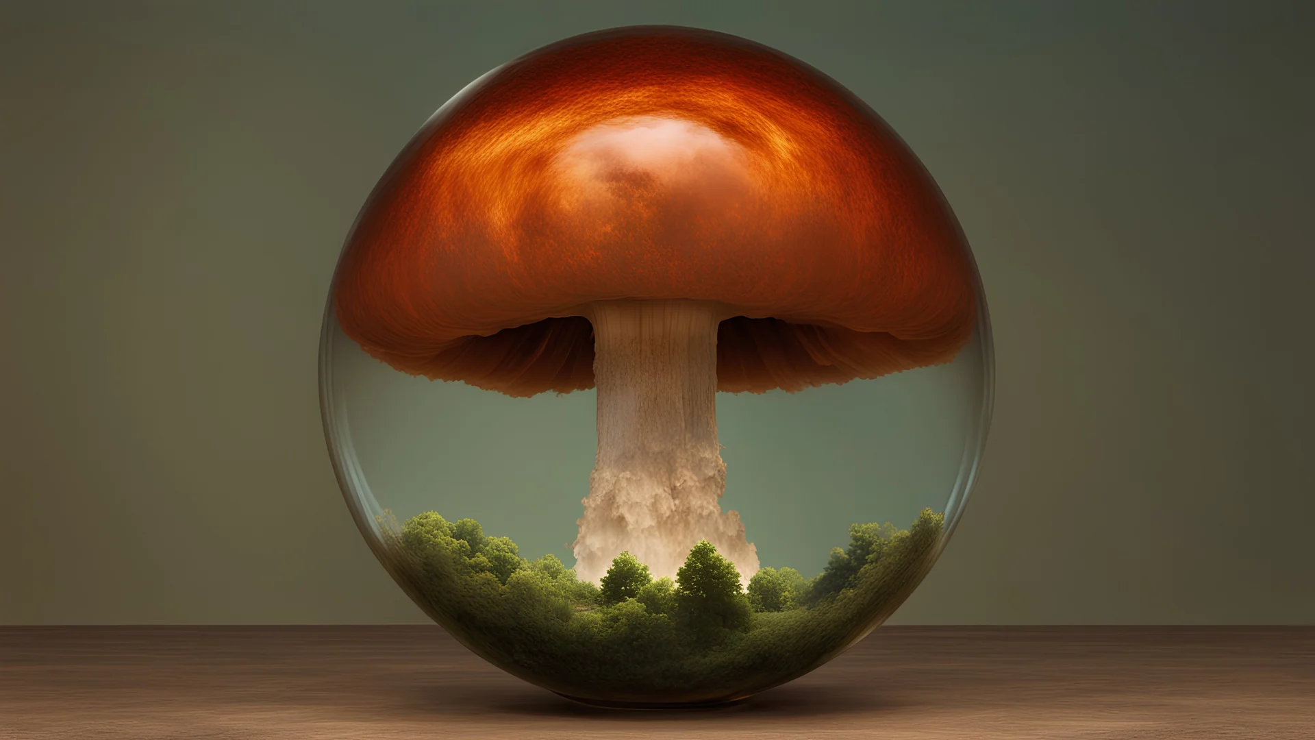 "a nuclear mushroom cloud rises inside a cracked glass globe"