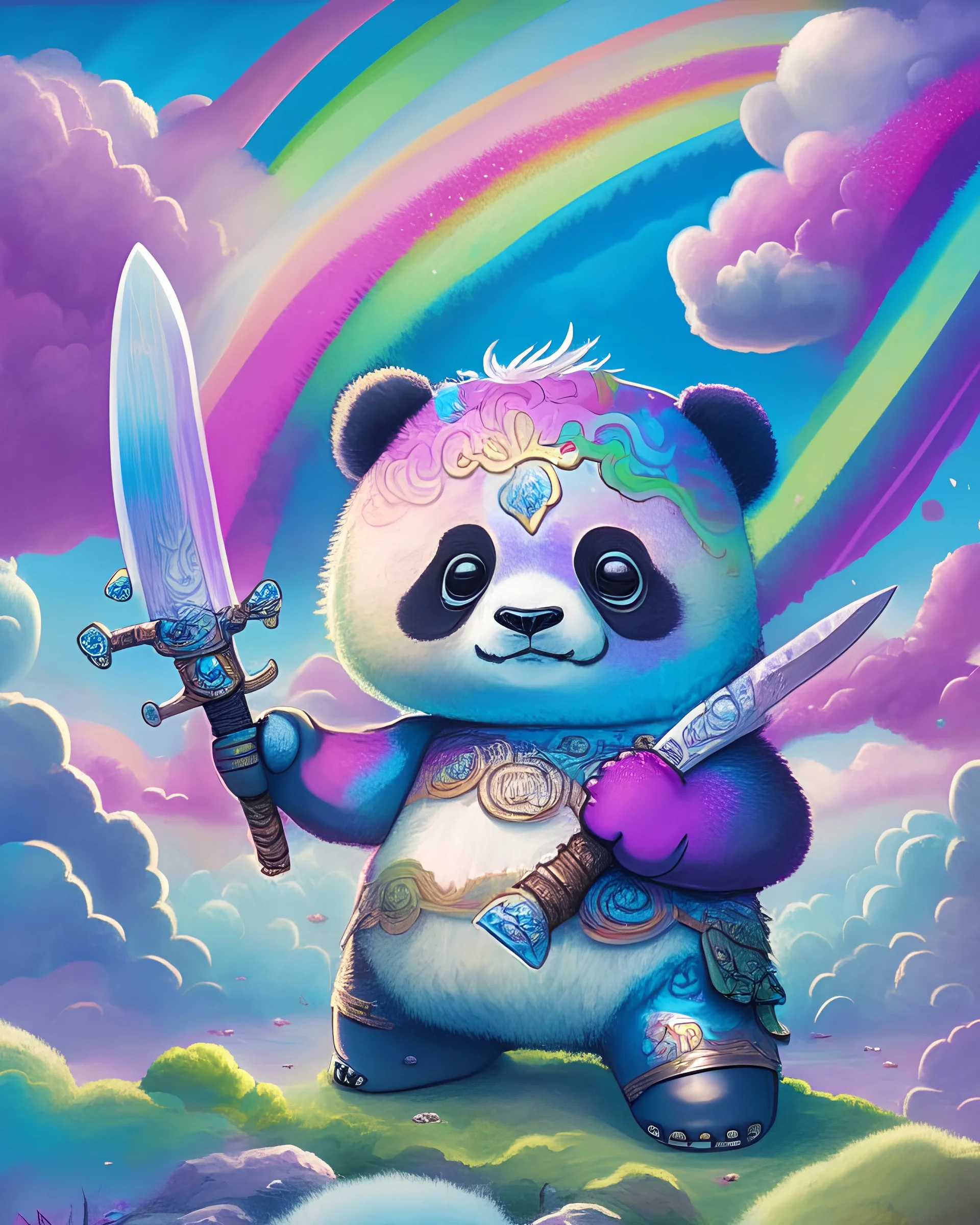 Highly detailed portrait of a cute little panda. He has a bright and cheerful color scheme, featuring a mix of pastel blues, pinks, and purples, standing with his arms folded holding a toy sword, surrounded by a swirl of energy. The background is a colorful cartoon landscape, with fluffy clouds and a rainbow. The background is a stark, metallic landscape, with a futuristic cityscape visible in the distance. by atey ghailan, by eduard hopper, by greg tocchini, by james gilleard, grunge aesthe