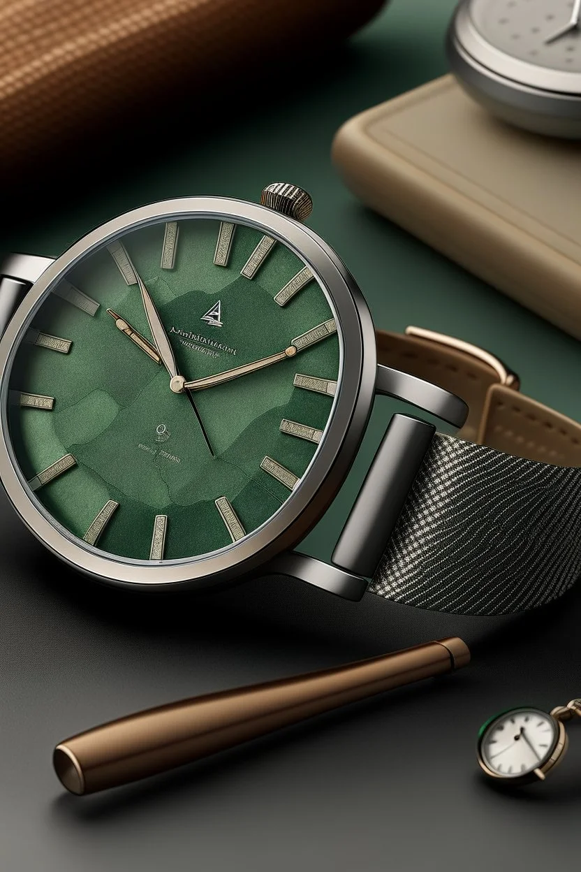 Design a realistic image that combines the timeless elegance of an aventurine dial watch with a vintage aesthetic. Incorporate classic elements in the background and styling to evoke a sense of nostalgia while maintaining a high level of realism.