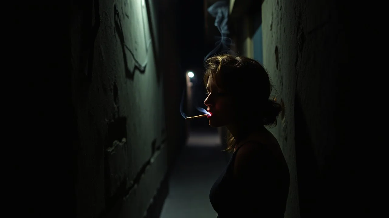 Woman smoking a ciguarete in a narrow lonely dark ally